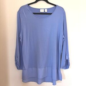 Chicos Periwinkle Blue Roll Tab Sleeve Mixed Media Tunic Top Size 3 XL